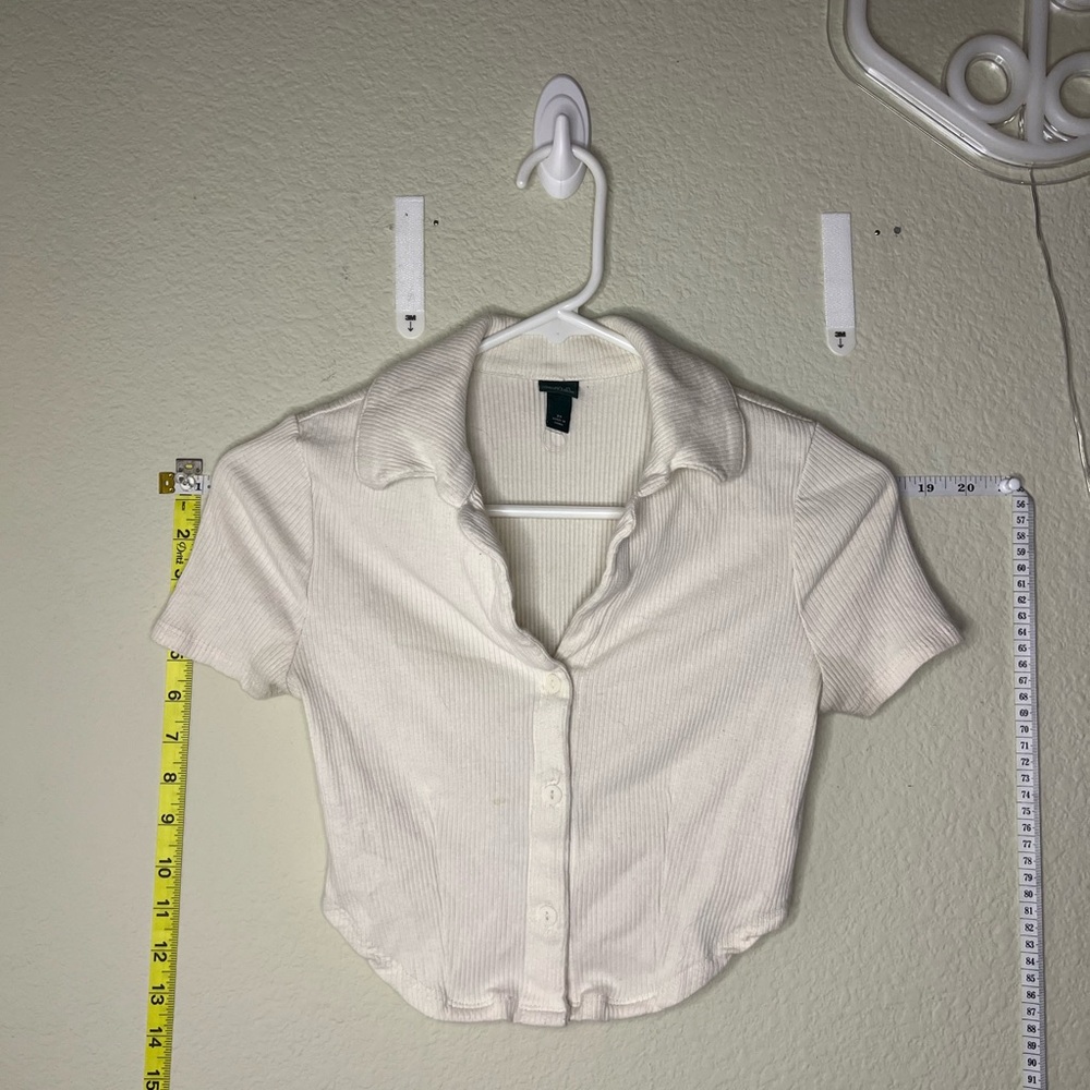 Cream Ribbed Collared Crop Top